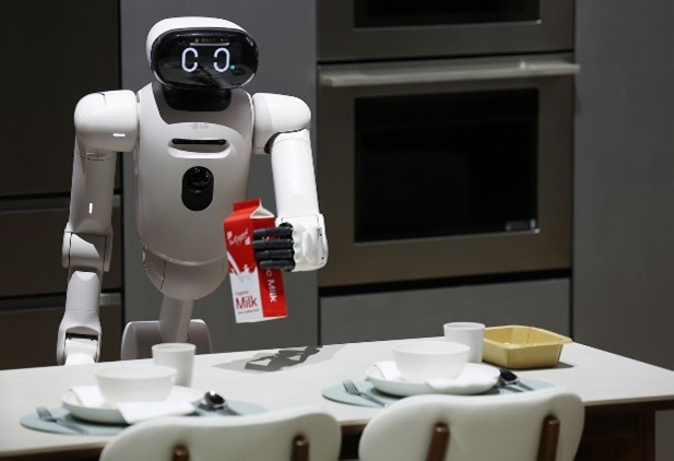 LG Electronics' household service humanoid robot CLOiD expressing emotions through its front display
