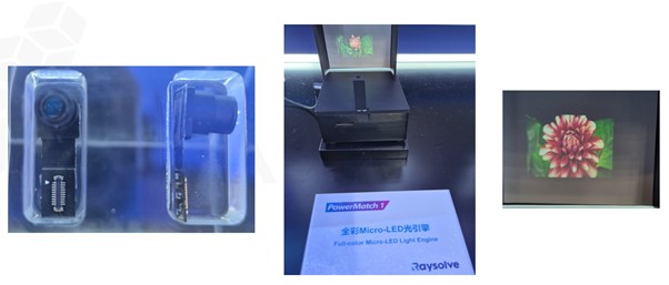 Raysolve's 0.13-inch single-chip full-color Micro-LED light engine (0.18cc, 0.5g) and display demo