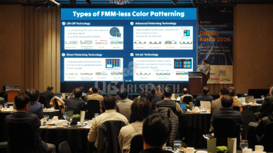 Samsung Display executive presenting various types of FMM-less color patterning technologies to an audience at the Display Korea 2026 conference.