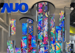 AUO's transparent Micro-LED display structure showing a stained glass design at Touch Taiwan 2026, representing its Smart Life Solution transformation.