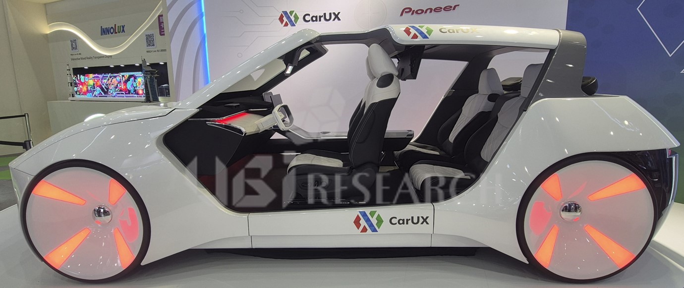 A car equipped with high-resolution displays and an intelligent smart cockpit system presented by Innolux's subsidiary, CarUX