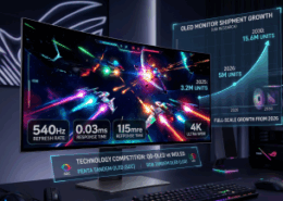 Ultra-wide curved OLED gaming monitor displaying a space racing game, accompanied by shipment growth forecasts and technology competition stats.