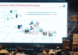 Presentation slide showing the application fields of printing technology for medium to large OLED displays at Display Korea 2026.